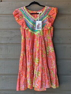 NWT Sohana Flutter Dress Orange Green Size Small